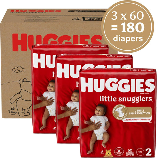 Huggies Size 2 Diapers, Little Snugglers Baby Diapers, Size 2 (12-18 Lbs), 180 Ct (3 Packs Of 60), Packaging May Vary