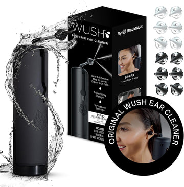 Wush Pro Water Powered Ear Cleaner with 12 Reusable Replacement Tips by Black Wolf - Safe & Effective - Electric Triple Jet Stream with 3 Pressure Settings for Ear Wax Buildup - Ear Wax Removal Kit