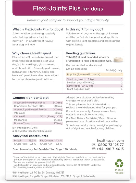 healthspan Flexi-Joints Plus For Dogs (120 Tablets) | 500mg Pure Glucosamine HCI Providing 40% More Glucosamine Than The Standard 2KCI Form | With Chondroitin | Beef Flavour