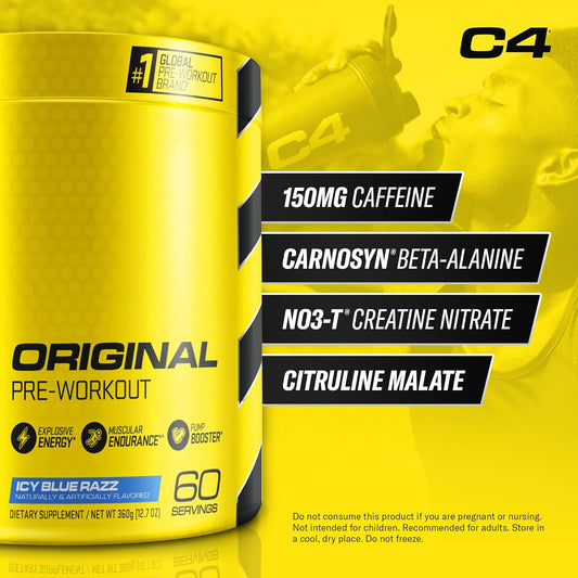 Cellucor C4 Original Pre Workout Powder Icy Blue Razz - Vitamin C For Immune Support - Sugar Free Preworkout Energy For Men & Women - 150Mg Caffeine Plus Beta Alanine Plus Creatine - 60 Servings