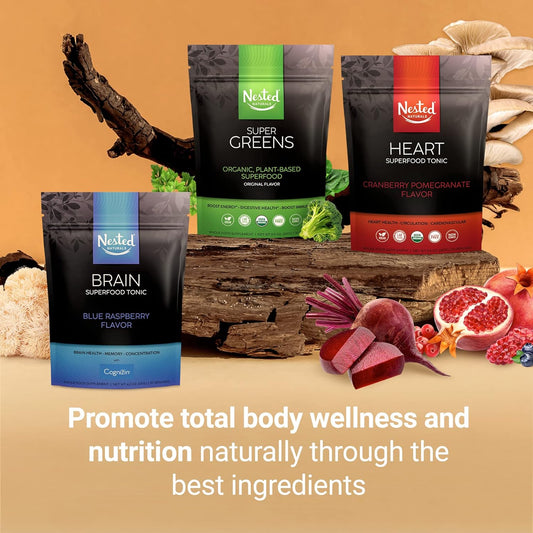 Nested Naturals Full Body and Mind Wellness Bundle, Support Gut Health, Heart Health, and Brain Health with Probiotic Super Greens Powder, Brain Boosting Lions Mane Mushroom Powder, and Blood Pressure