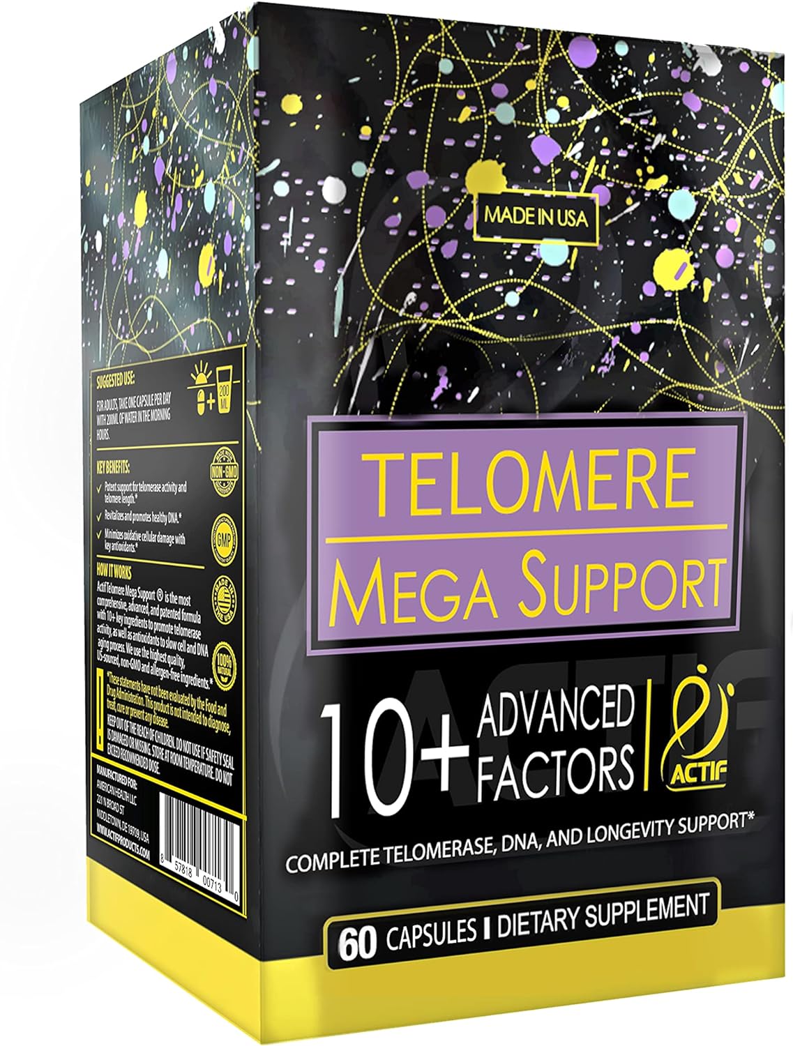 Actif Telomere Mega Support With 10+ Factors, Non-Gmo, Telomerase And Dna Supplement For Energy, Memory And Anti-Aging, Made In Usa, 60 Count