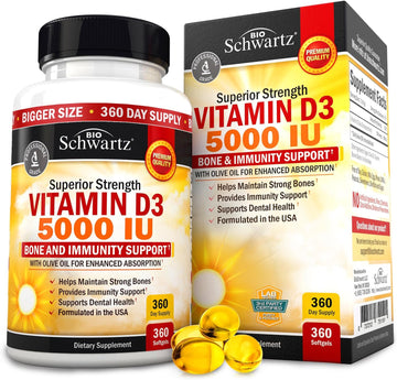 Vitamin D3 5000 Iu (125 Mcg) Natural Immune Support Supplement, Bone Strength, Healthy Muscle Function, With Olive Oil For Highest Absorption, Gluten Free & Non-Gmo, 1 Year Supply, 360 Softgels