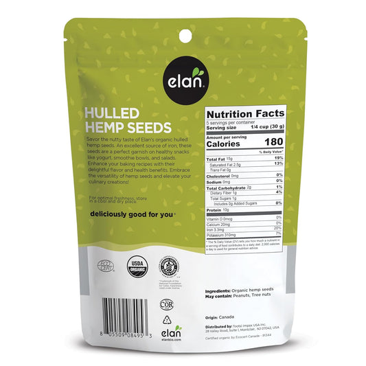 Elan Organic Hulled Hemp Seeds, 5.8 oz, Shelled Hemp Seeds, Raw Hemp Hearts, No Additives, Non-GMO, Vegan, Gluten-Free, Source of Omega-3 & Omega-6, High in Protein