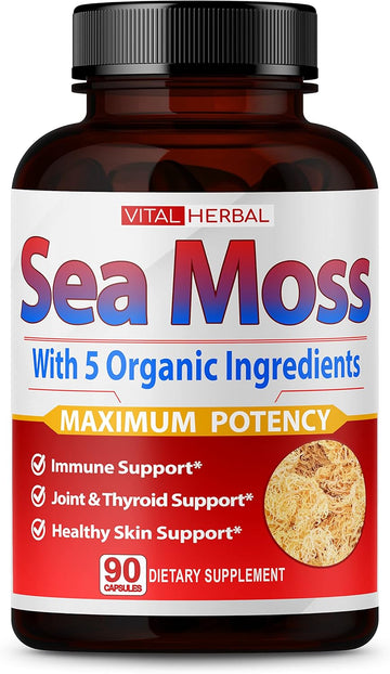 Vital Herbal Irish Sea Moss Capsules Equivalent To 5450Mg - Maximum Potency With Ashwagandha Turmeric Bladderwrack Burdock - Healthy Skin Support Joint & Digestion Overall Health X - 90 Days Supply