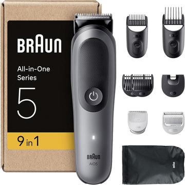 Braun All-In-One Series 5 Grooming Kit, 9In1, Ultra Sharp Blade, 120 Min, Skinguard For Body, Precise & Efficient Trim, Aquagrip For Under Water Use, Aio5545, Grey