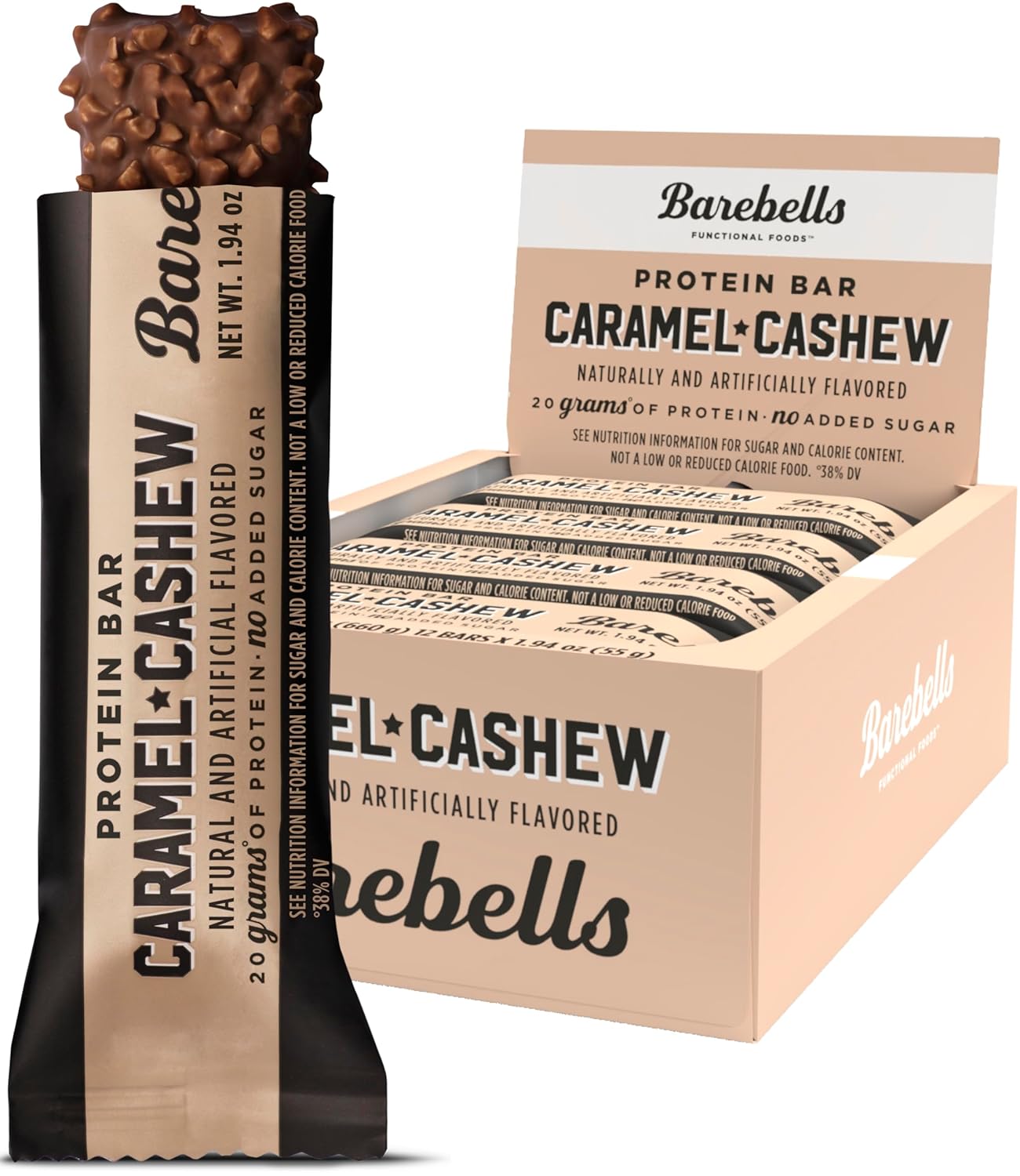 Barebells Protein Bars Caramel Cashew - 12 Count, 1.9oz Bars with 20g of High Protein - Chocolate Protein Bar with 1g of Total Sugars - Perfect on The Go Protein Snack & Breakfast Bar