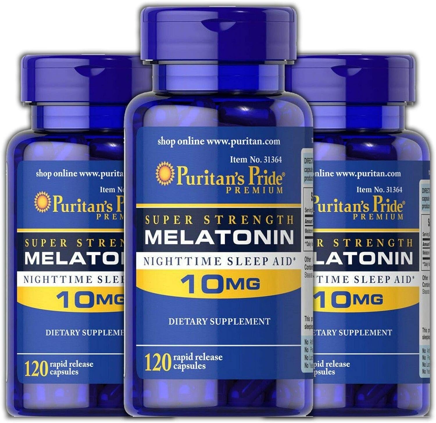 Puritan's Pride Melatonin 10 mg Sleep aid Relax Sleep Pill 120 Capsules (3-Pack)