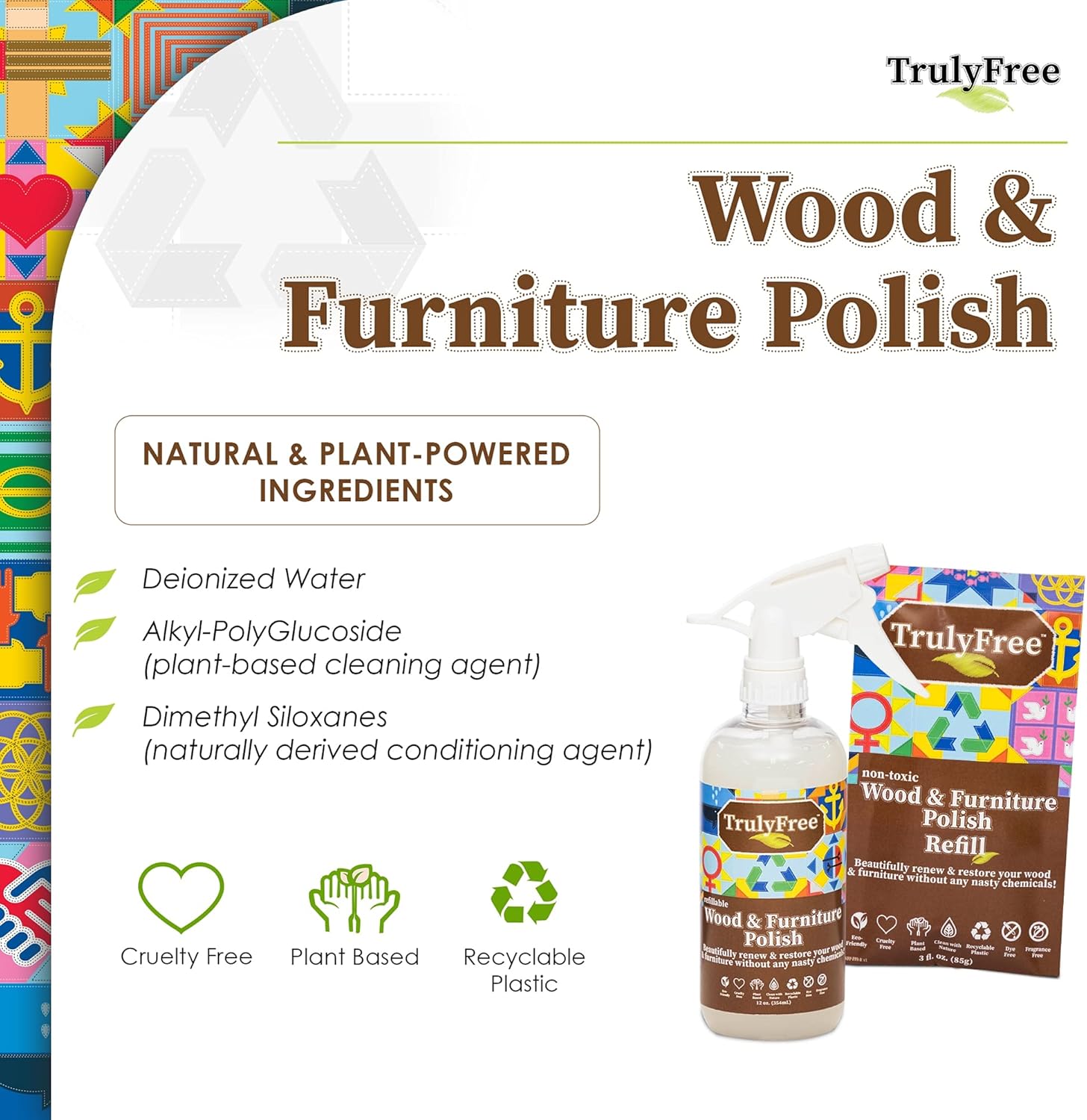 Truly Free Natural Wood Cleaner & Furniture Polish - Leather Cleaner, Vinyl, Furniture & Wood Polish, Helps Remove Water Stain, Unscented - Includes: 1 Refillable Empty 12Oz Bottle & 1 Refill(3 Fl Oz)