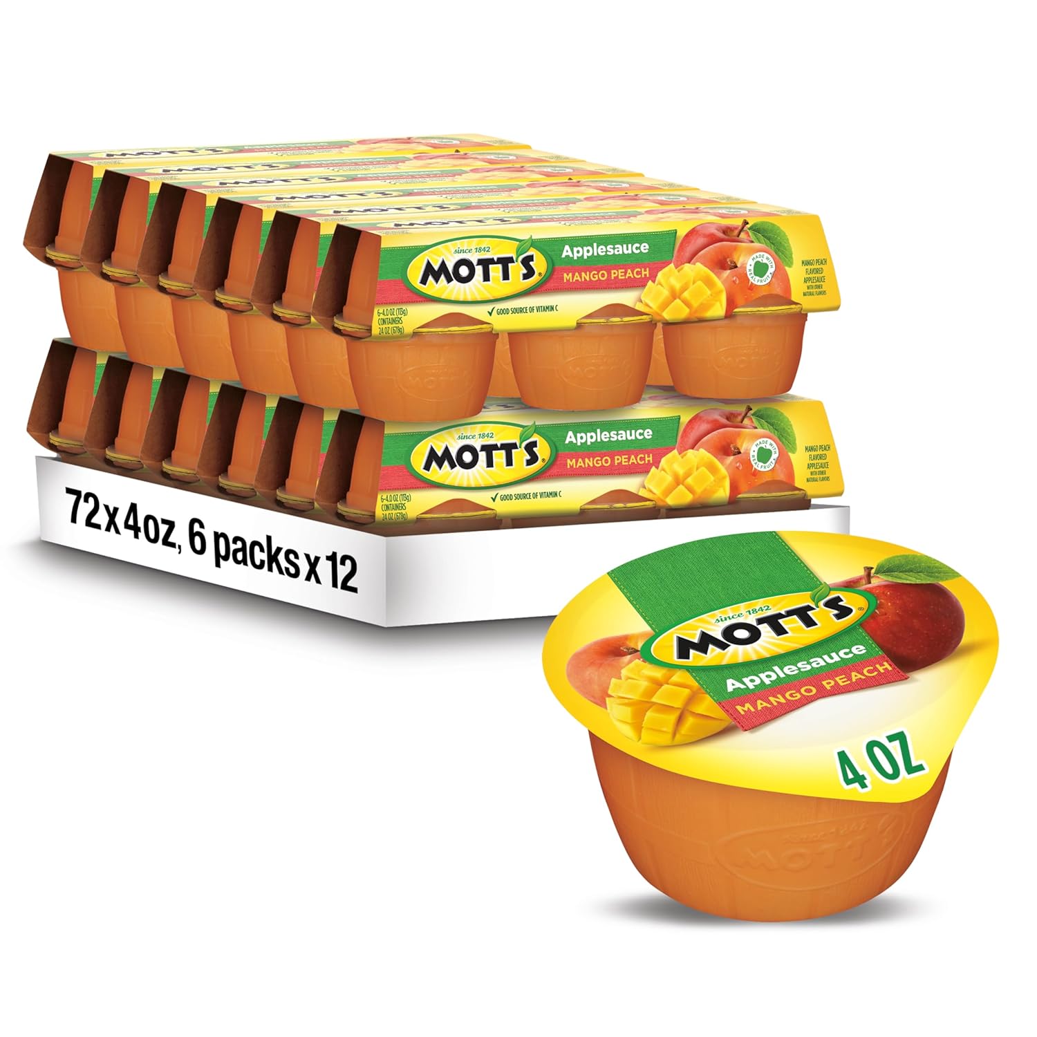 Mott'S Mango Peach Applesauce, 4 Oz Cups, 72 Count (12 Packs Of 6), No Artificial Flavors, Good Source Of Vitamin C, Nutritious Option For The Whole Family