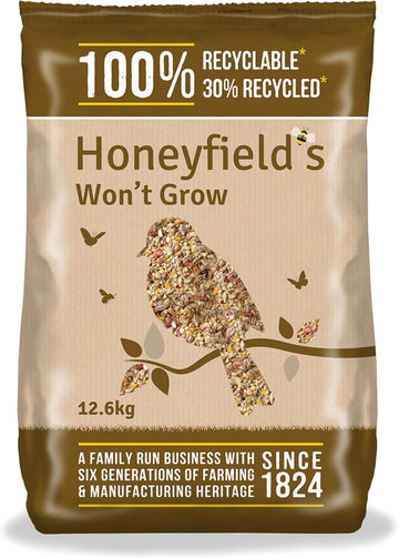 No Grow Bird Seed Mix for Wild Birds - Wild Bird Food for Small Birds for Patios and Non-Grass Areas, Kibbled Sunflower Hearts, Kibbled Peanuts, Ground Feeding and Bird Tables (12.6kg) - Honeyfield’s?71001212