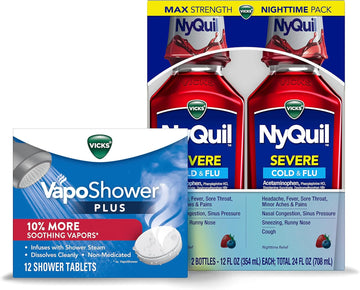 Vicks Nyquil Severe, Nighttime Relief Of Cough, Cold & Flu Relief, Sore Throat, 2-12 Fl Oz Bottles Vaposhower Plus, Shower Bomb Tablets, Strong Soothing Non-Medicated Vapors, 12 Tablets