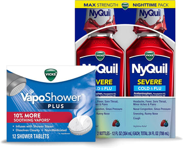 Vicks NyQuil Severe, Nighttime Relief of Cough, Cold & Flu Relief, Sore Throat, 2-12 FL OZ Bottles VapoShower Plus, Shower Bomb Tablets, Strong Soothing Non-Medicated Vapors, 12 Tablets