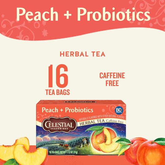 Celestial Seasonings Peach + Probiotics Herbal Tea, Caffeine Free, 16 Tea Bags Box, (Pack Of 6)