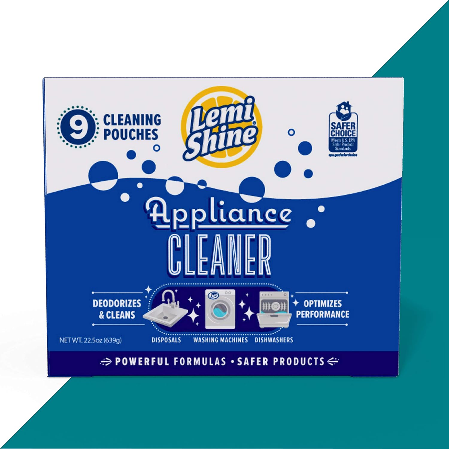 Lemi Shine Appliance Cleaner & Deodorizer | Powered By Citric Acid | 100% Guaranteed To Clean | Works As A Dishwasher Cleaner, Washing Machine Cleaner, & Garbage Disposal Cleaner, 9 Pouches