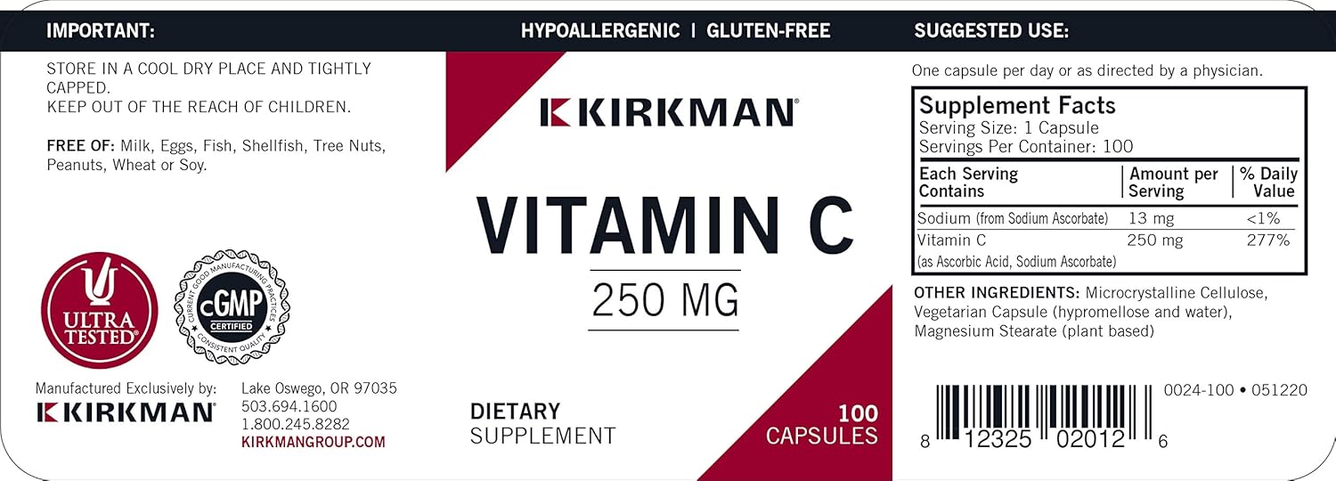 Kirkman Vitamin C 250 mg 100-count : Health & Household