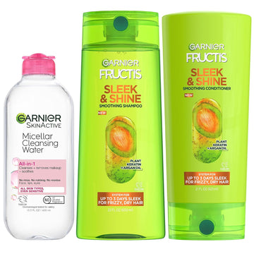 Garnier Back to School Bundle|Micellar Water (400mL) + Fructis Sleek & Shine Shampoo (22 Fl Oz), Conditioner (21 Fl Oz) (3 Items), 1 Kit (Packaging May Vary)