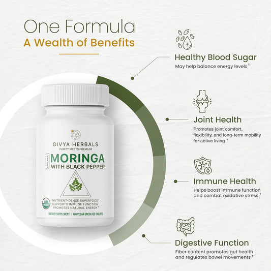 Organic Moringa With Black Pepper | 100% Pure Moringa Leaves | Supports Energy, Immunity & Digestion | 120 Uncoated Vegan Tablets