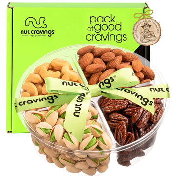 Nut Cravings Gourmet Collection - Mothers Day Mixed Nuts Gift Basket + Green Ribbon (4 Assortments) Arrangement Platter, Birthday Care Package - Healthy Kosher USA Made