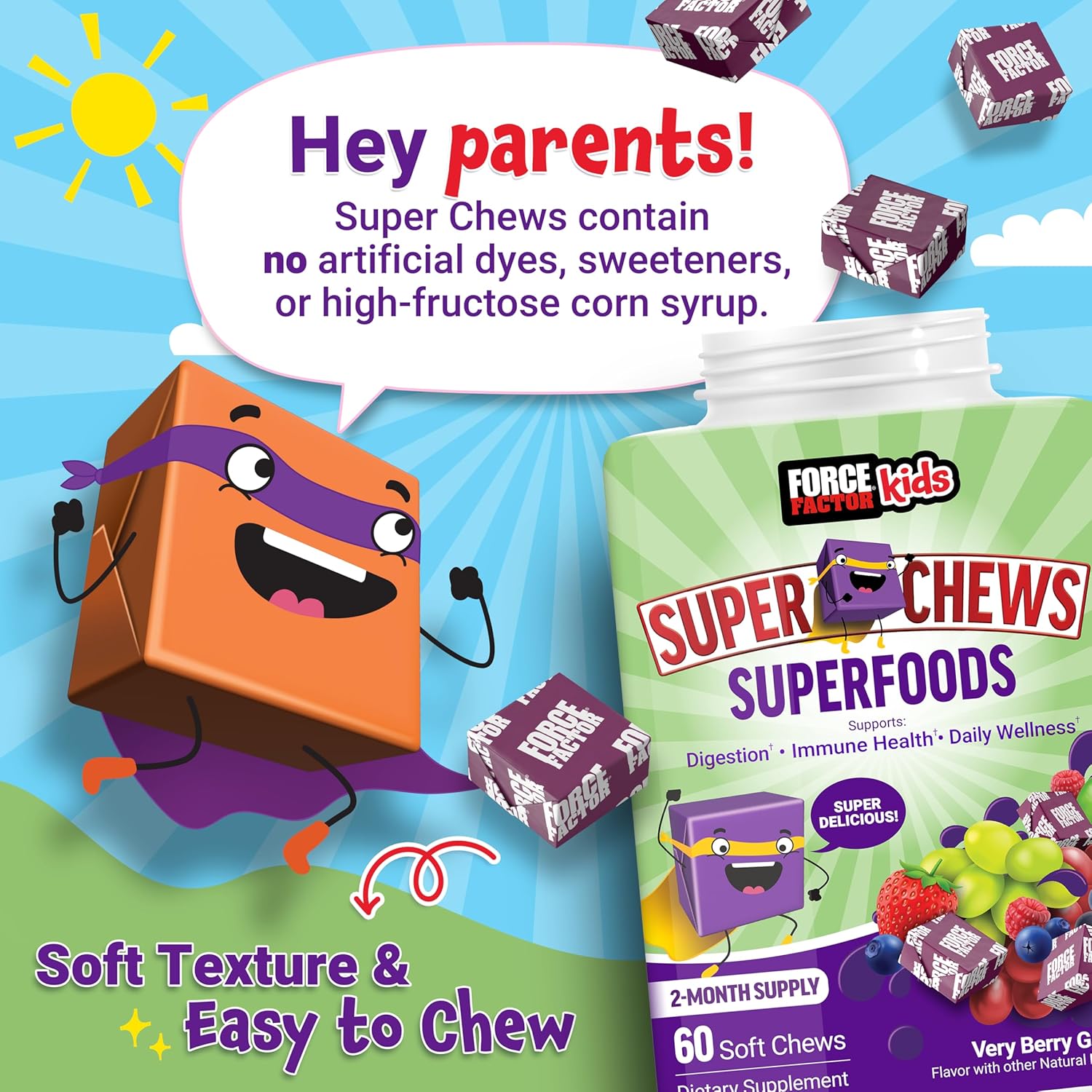 FORCE FACTOR Kids Superfood Super Chews, Kids Vitamins C & D, Immune Support Supplement with Antioxidant Support from Powdered Fruits & Veggies, 2-Month Supply, Very Berry Grape Flavor, 60 Soft Chews : Health & Household