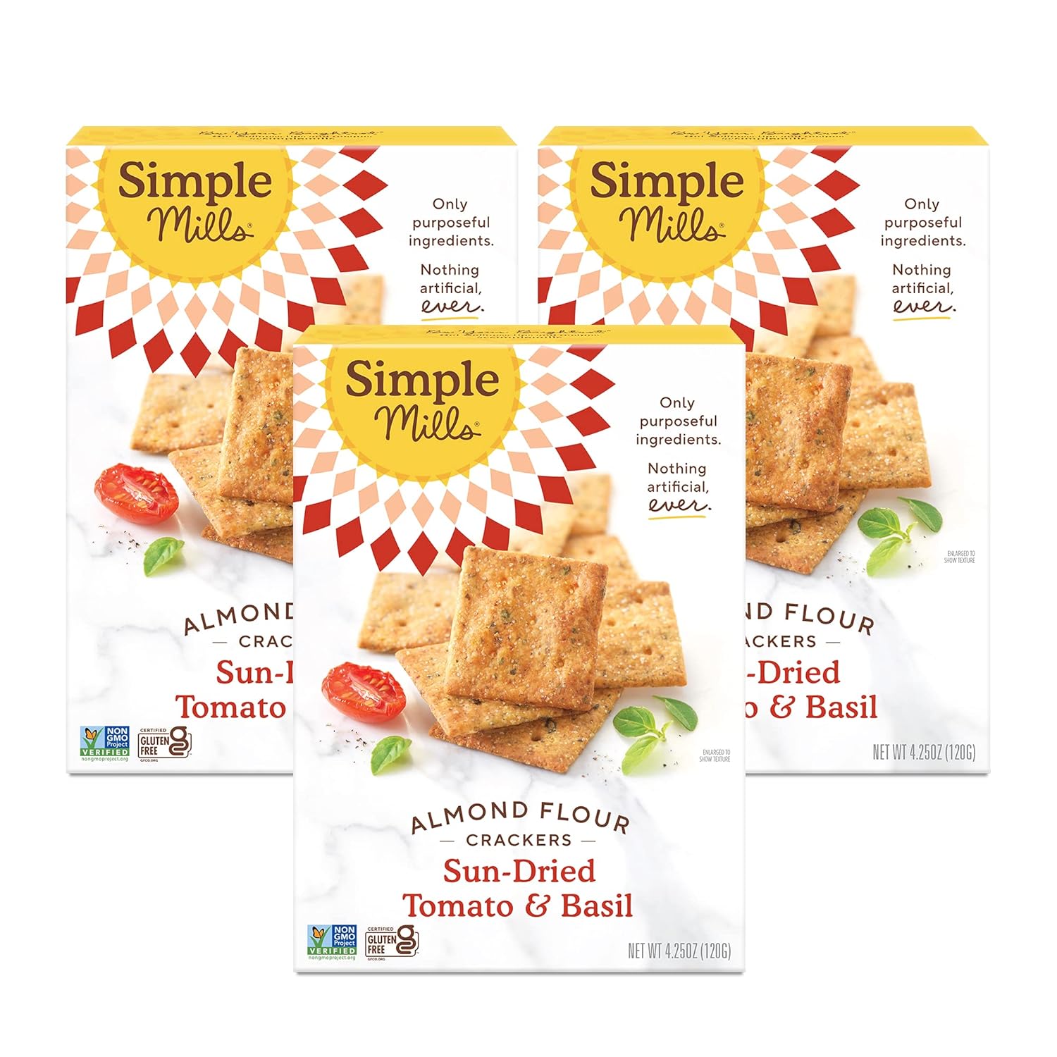 Simple Mills Almond Flour Crackers, Sundried Tomato & Basil - Gluten Free, Vegan, Healthy Snacks, Plant Based, 4.25 Ounce (Pack Of 3)