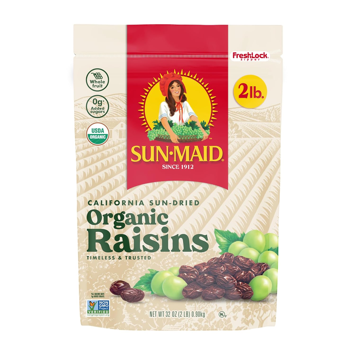 Sun-Maid Organic California Sun-Dried Raisins - 32 oz Resealable Bag - Organic Dried Fruit Snack for Lunches, Snacks, and Natural Sweeteners