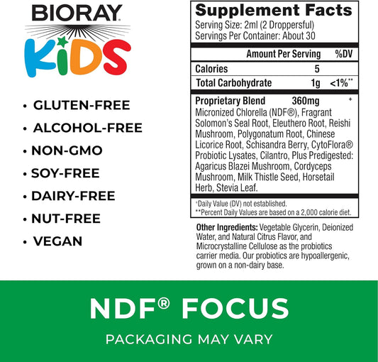 BIORAY Kids NDF Focus, Citrus - 2 fl oz - Supports Cognitive Function, Enhances Clarity & Promotes Steady Energy Levels - Non-GMO, Vegetarian, Gluten Free - 1-2 Month Supply