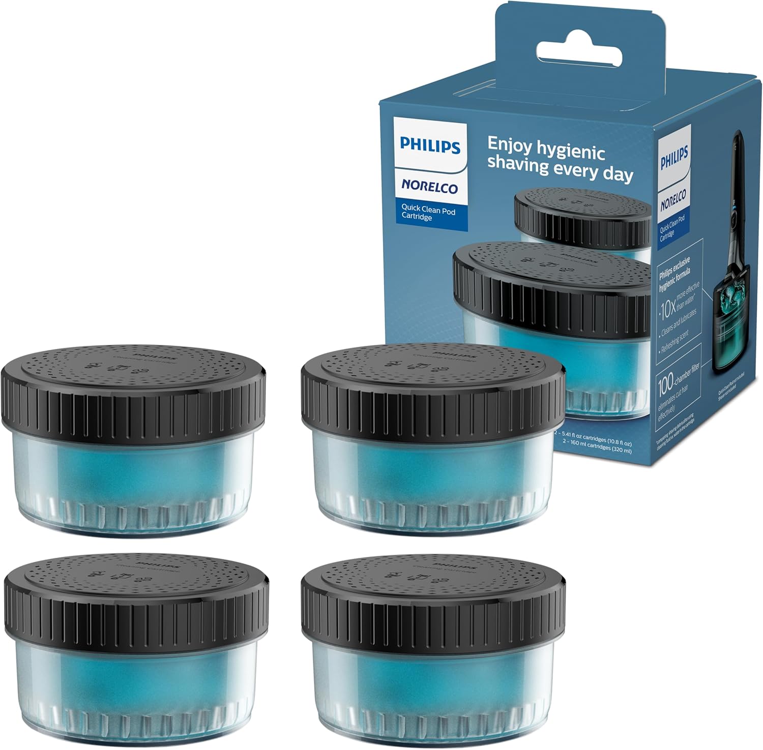 Philips Norelco Quick Clean Pod Cartridge, Lubricates Shaver & Eliminates Cut Hair, 4X 5.4 Fl Oz Cartridges (Up To 1Yr Supply), Bd9010Az