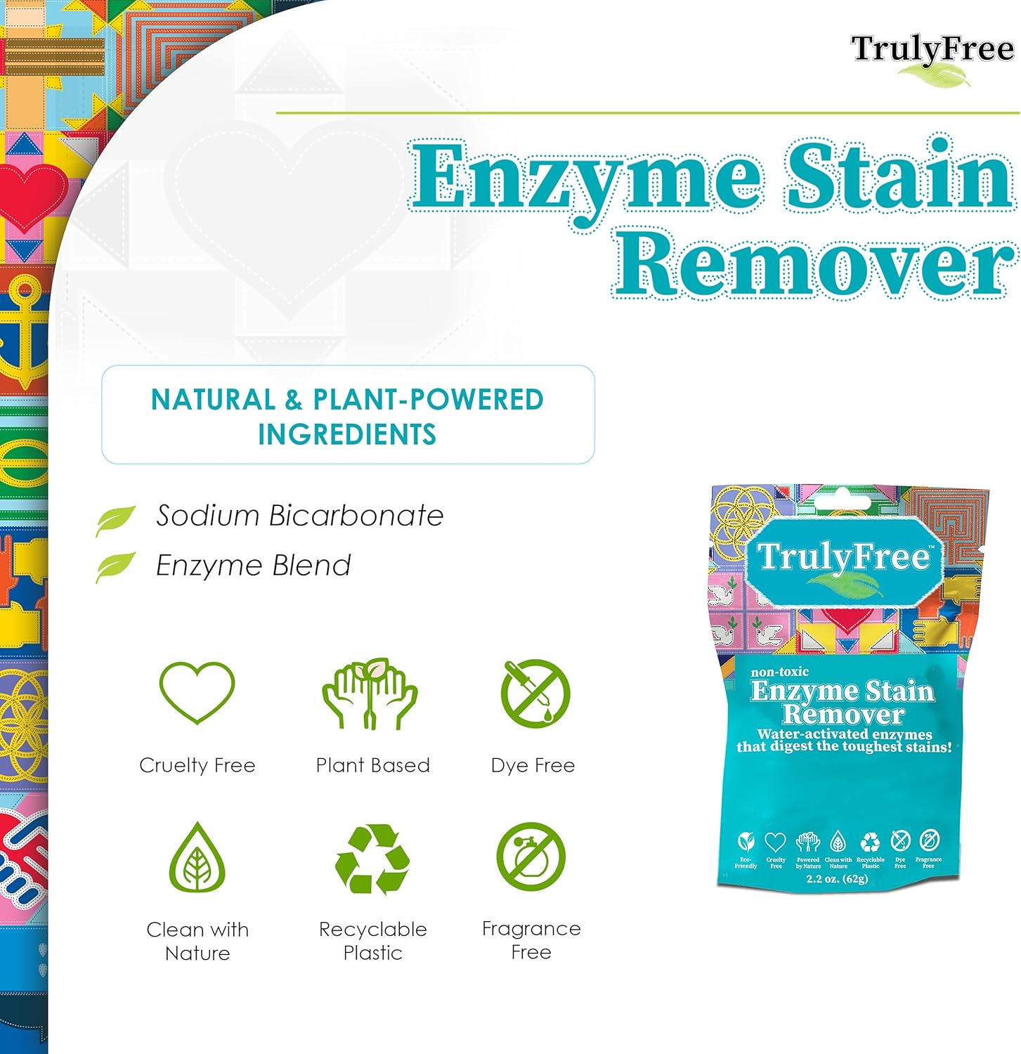 Truly Free Natural Stain Remover, Water-Activated Enzymes, Breaks Down Food, Blood, Grass Stains, Pet Stains And Odor Remover (50 Scoops)