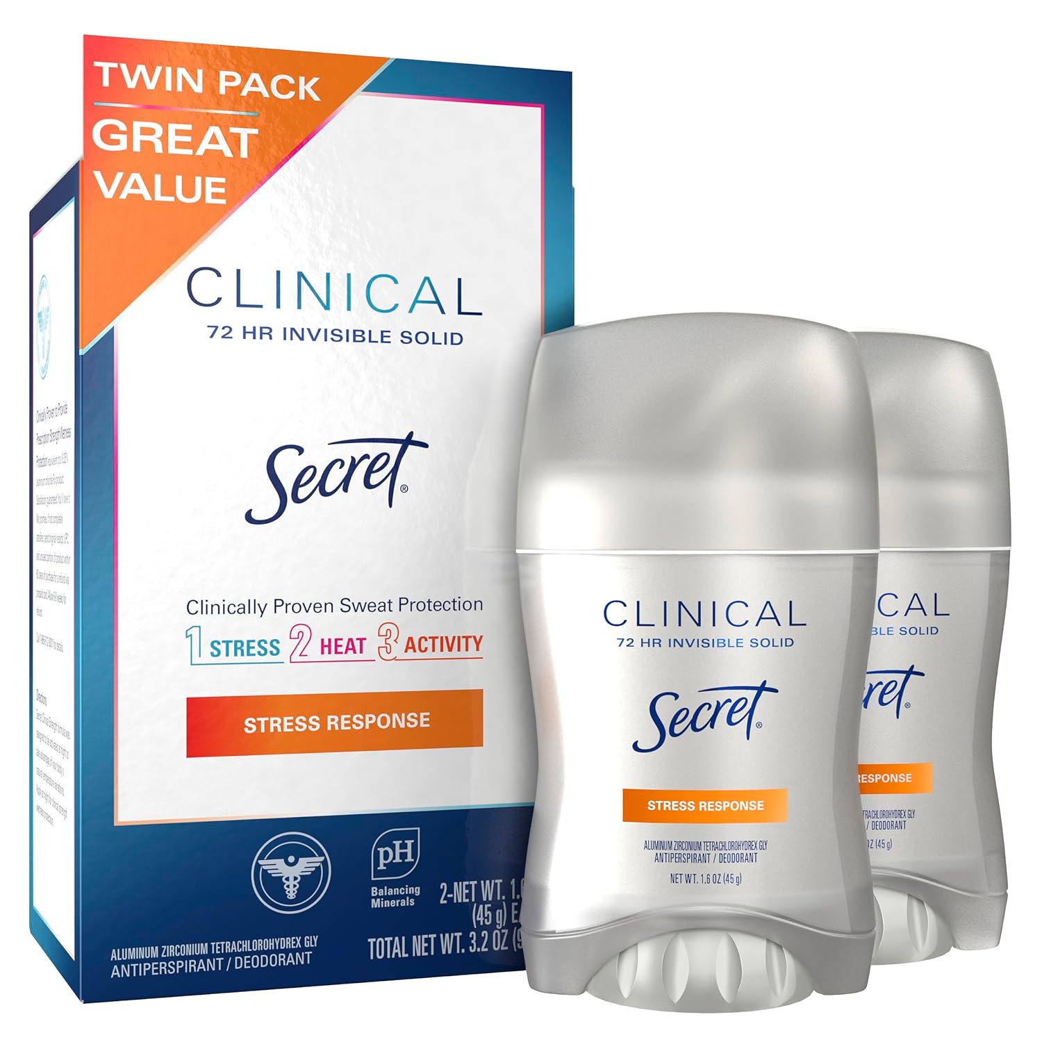 Secret Clinical Strength Invisible Solid Antiperspirant And Deodorant For Women, Stress Response, Twin Pack 1.6 Oz Each, 3.2Oz Total