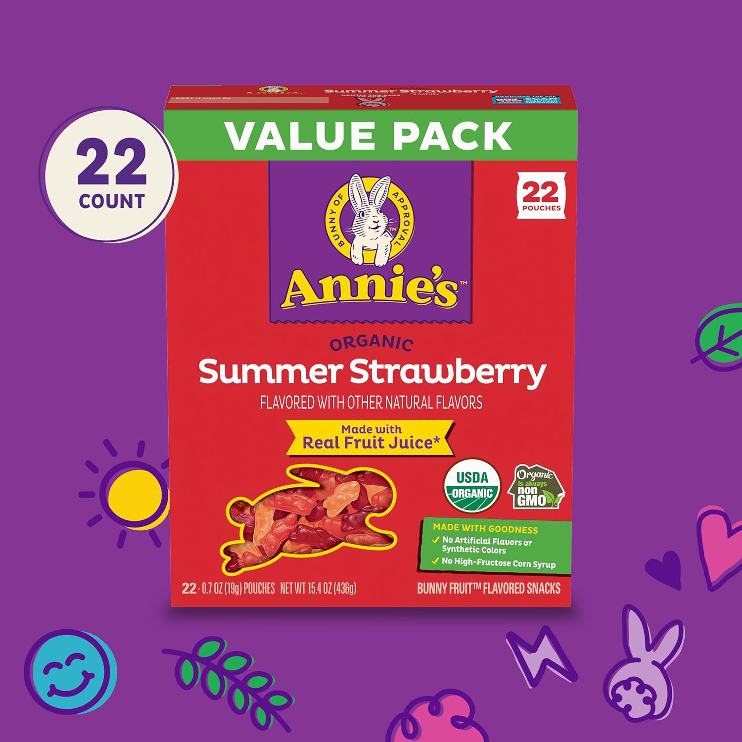 Annie'S Organic Bunny Fruit Flavored Snacks, Summer Strawberry, Gluten Free, Value Pack, 22 Pouches, Kids Snacks, Back To School Snacks, 15.4 Oz