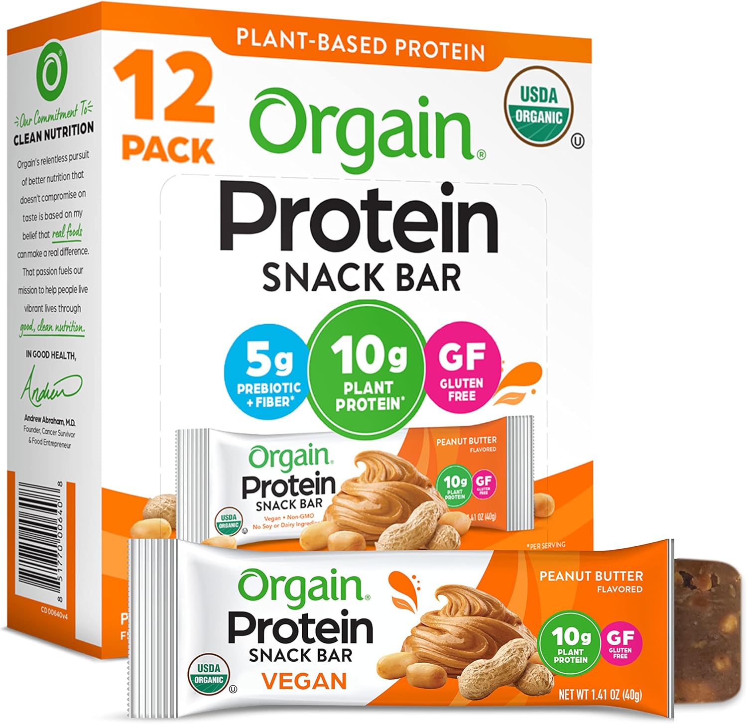 Orgain Organic Vegan Protein Bars, Peanut Butter - 10G Plant Based Protein, Low Calorie Healthy Snacks, No Lactose Or Soy Ingredients, Gluten Free, Non-Gmo - 1.41 Oz (Pack Of 12)