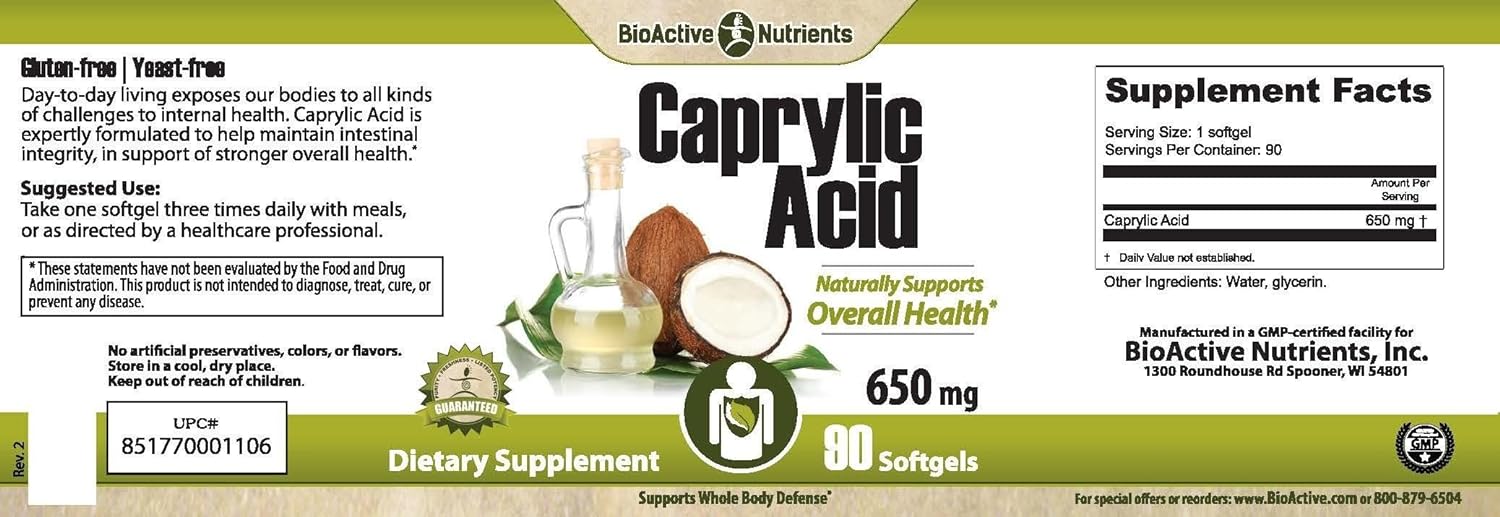 BIOACTIVE NUTRIENTS - Caprylic Acid - 600mg - 100 Softgels - Supplement for Gut and Digestive Health, GI Balance, Gastrointestinal Support, and Intestinal Health, Gluten Free : Health & Household