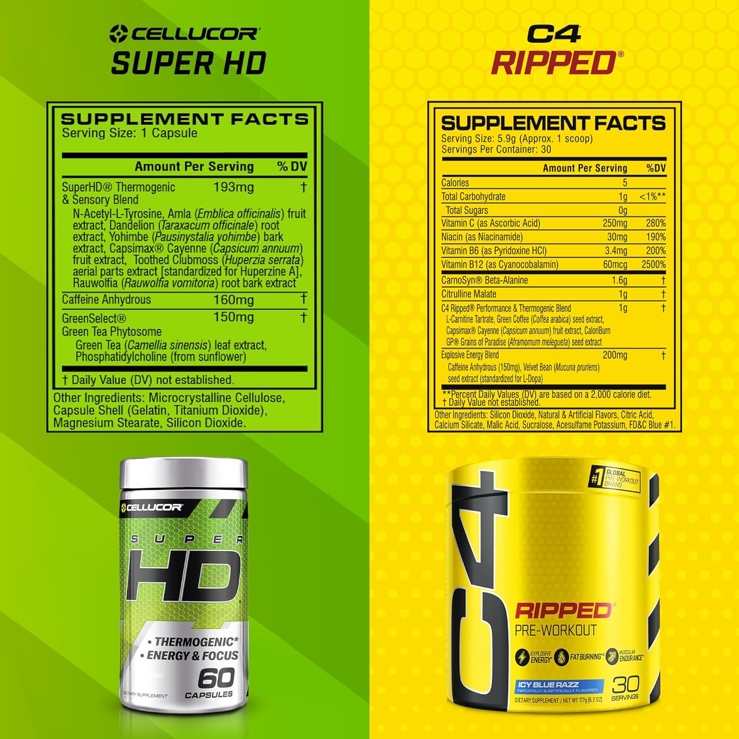 C4 Ripped & SuperHD, The Thermogenic Bundle, C4 Ripped Pre Workout Powder, ICY Blue Razz 30 Servings + SuperHD with Capsimax and Green Tea Extract, 60 Servings : Health & Household