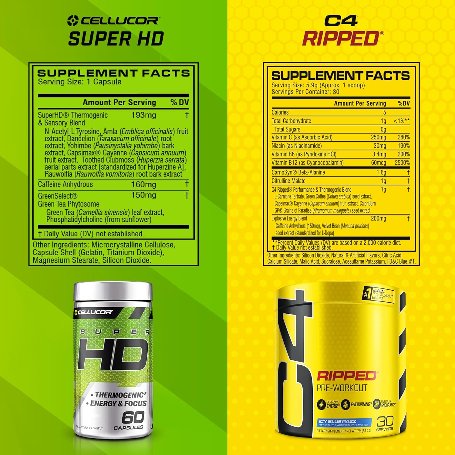 C4 Ripped & SuperHD, The Thermogenic Bundle, C4 Ripped Pre Workout Powder, ICY Blue Razz 30 Servings + SuperHD with Capsimax and Green Tea Extract, 60 Servings : Health & Household