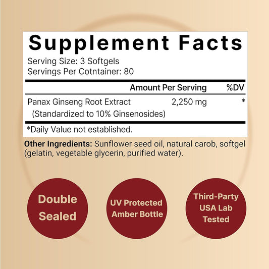 Korean Red Ginseng 2,250mg Per Serving, 240* Softgels | Panax Ginseng Root, Standardized to 10% Ginsenosides, Non-GMO, Support Energy, Male Performance, & Immune System