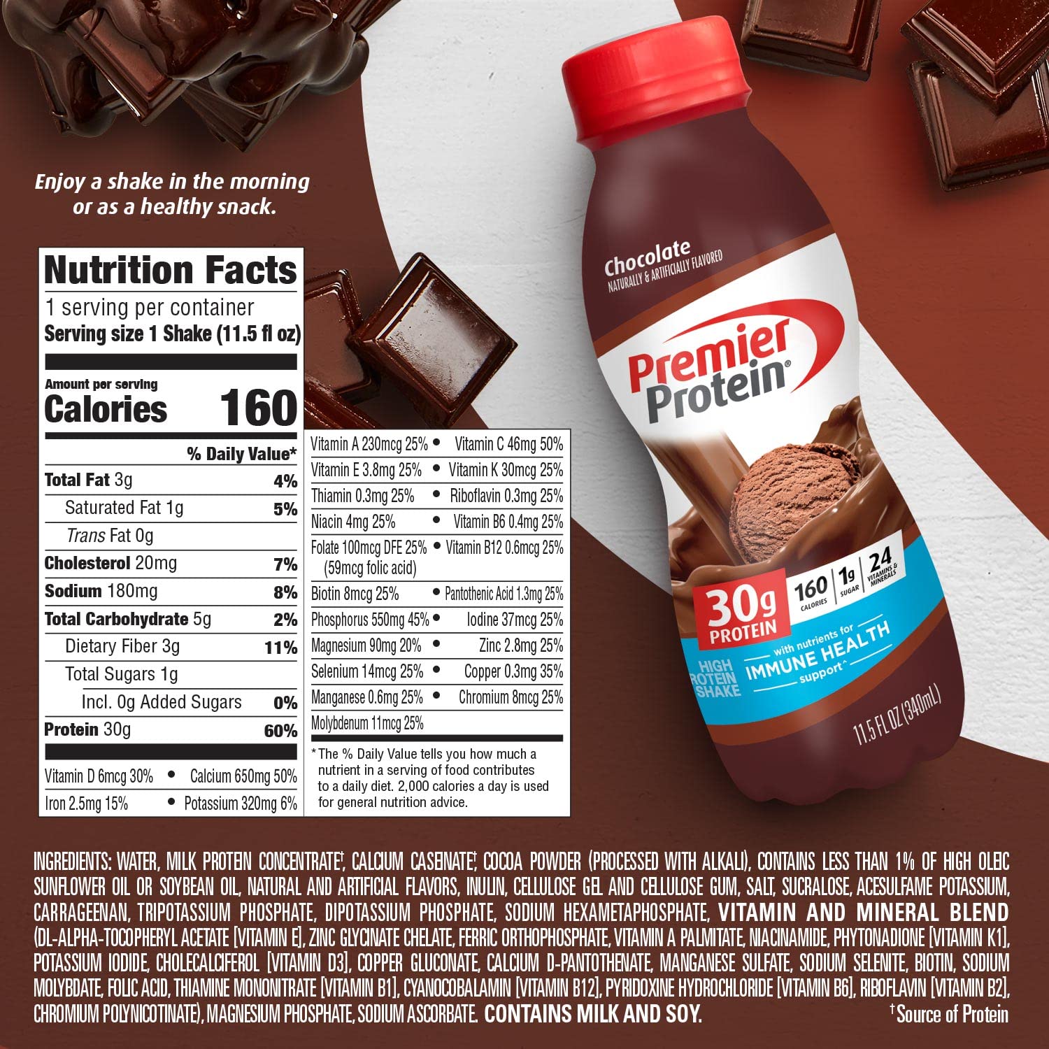 Premier Protein Shake, Chocolate, 30G Protein 1G Sugar 24 Vitamins Minerals Nutrients To Support Immune Health, 11.5 Fl Oz (Pack Of 12)