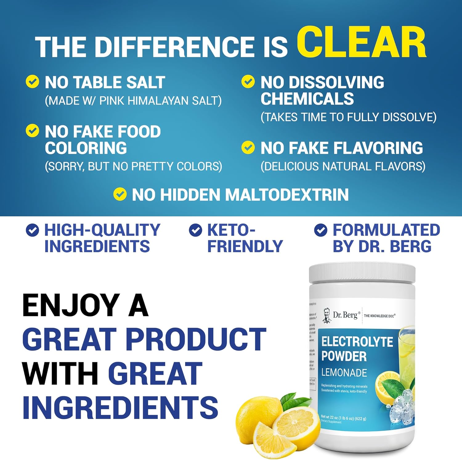 Dr. Berg Zero Sugar Hydration Keto Electrolyte Powder - Enhanced w/ 1000 mg of Potassium & Real Pink Himalayan Salt (NOT Table Salt) - Lemonade Flavor Hydration Drink Mix Supplement - 100 Servings : Health & Household