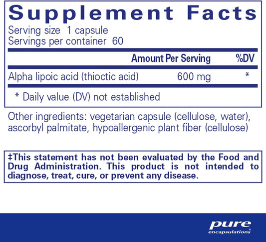 Pure Encapsulations Alpha Lipoic Acid 600 Mg - Ala Supplement For Liver Support, Antioxidants, Nerve Health, Cardiovascular Health & Carbohydrate Support - Premium Alpha Lipoic Acid - 60 Capsules