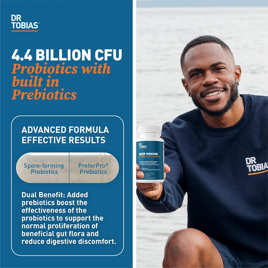 Dr. Tobias Deep Immune Probiotics & Prebiotics, 4.4 Billion Cfu Probiotics For Women & Men, Supports Digestive Health, Gut Immune Function, Nutrient Absorption, 60 Capsules, 30 Servings
