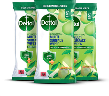 Dettol Antibacterial Multi-Surface Wipes, Plant-Based, Crisp Pear Scent, 3 Pack Of 50