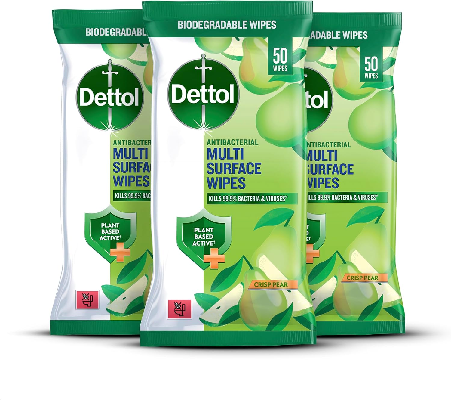 Dettol Antibacterial Multi-Surface Wipes, Plant-Based, Crisp Pear Scent, 6 X 50