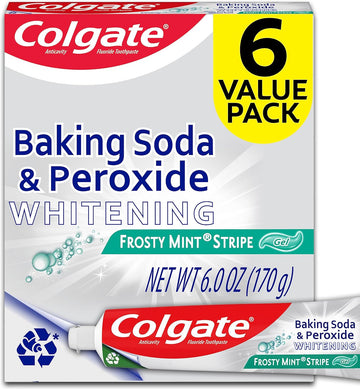 Colgate Baking Soda and Peroxide Toothpaste Gel, Whitening Baking Soda Toothpaste, Frosty Mint Flavor, Whitens Teeth, Fights Cavities and Removes Surface Stains for Whiter Teeth, 6 Pack, 6 Oz Tubes