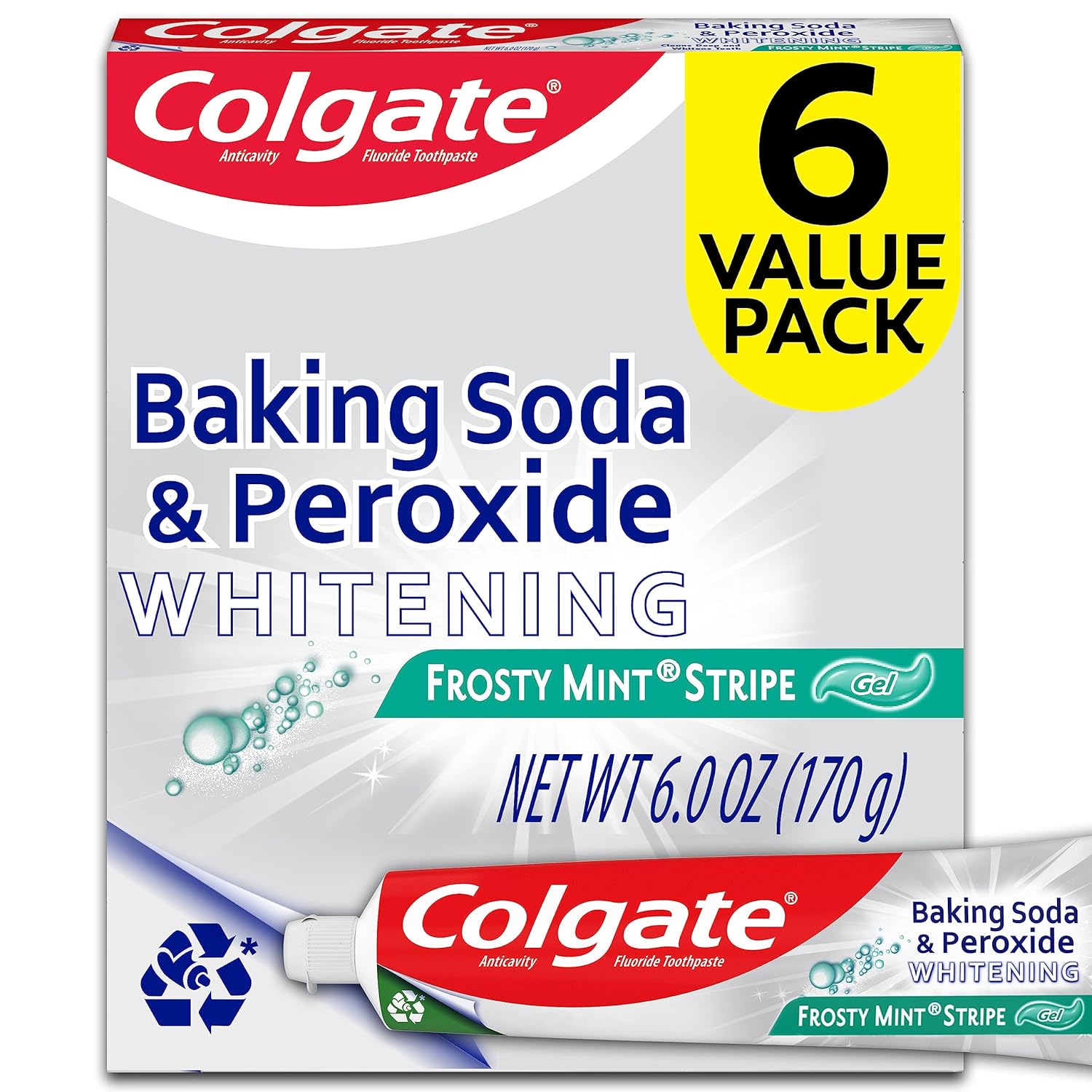 Colgate Baking Soda And Peroxide Toothpaste Gel, Whitening Baking Soda Toothpaste, Frosty Mint Flavor, Whitens Teeth, Fights Cavities And Removes Surface Stains For Whiter Teeth, 6 Pack, 6 Oz Tubes