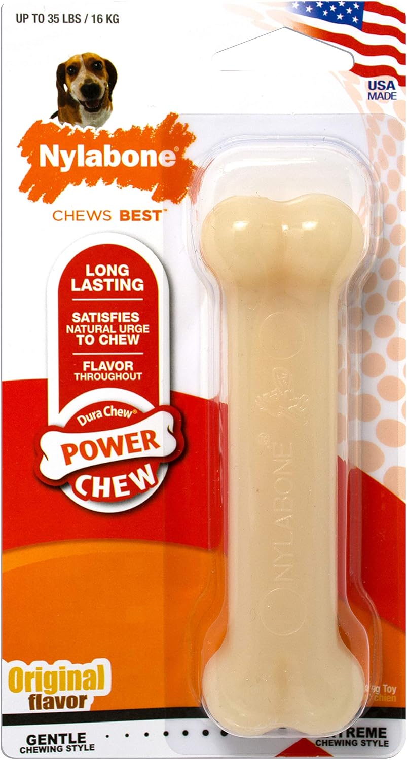 Nylabone Power Chew Classic Bone Chew Toy For Dogs, Durable Dog Toys For Aggressive Chewers, Original Flavor, Medium/Wolf - Up To 35 Lbs. (1 Count)