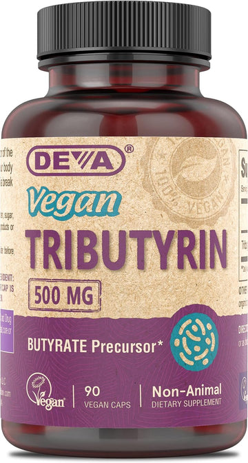 Deva Vegan Tributyrin Supplement - Butyrate Precursor, Gut Barrier Support, Butyric Acid, 500 Mg Vegan Capsules, Leaky Gut Support, Digestion, 90 Count