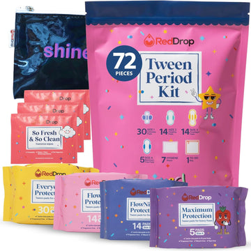 RedDrop 72 PC Tween and Teen Period Kit - First Period Kit for Girls 9-12 - Includes Everyday Pads, FlowDay & FlowNight Pads, Maxi Pads, Wipes, & More