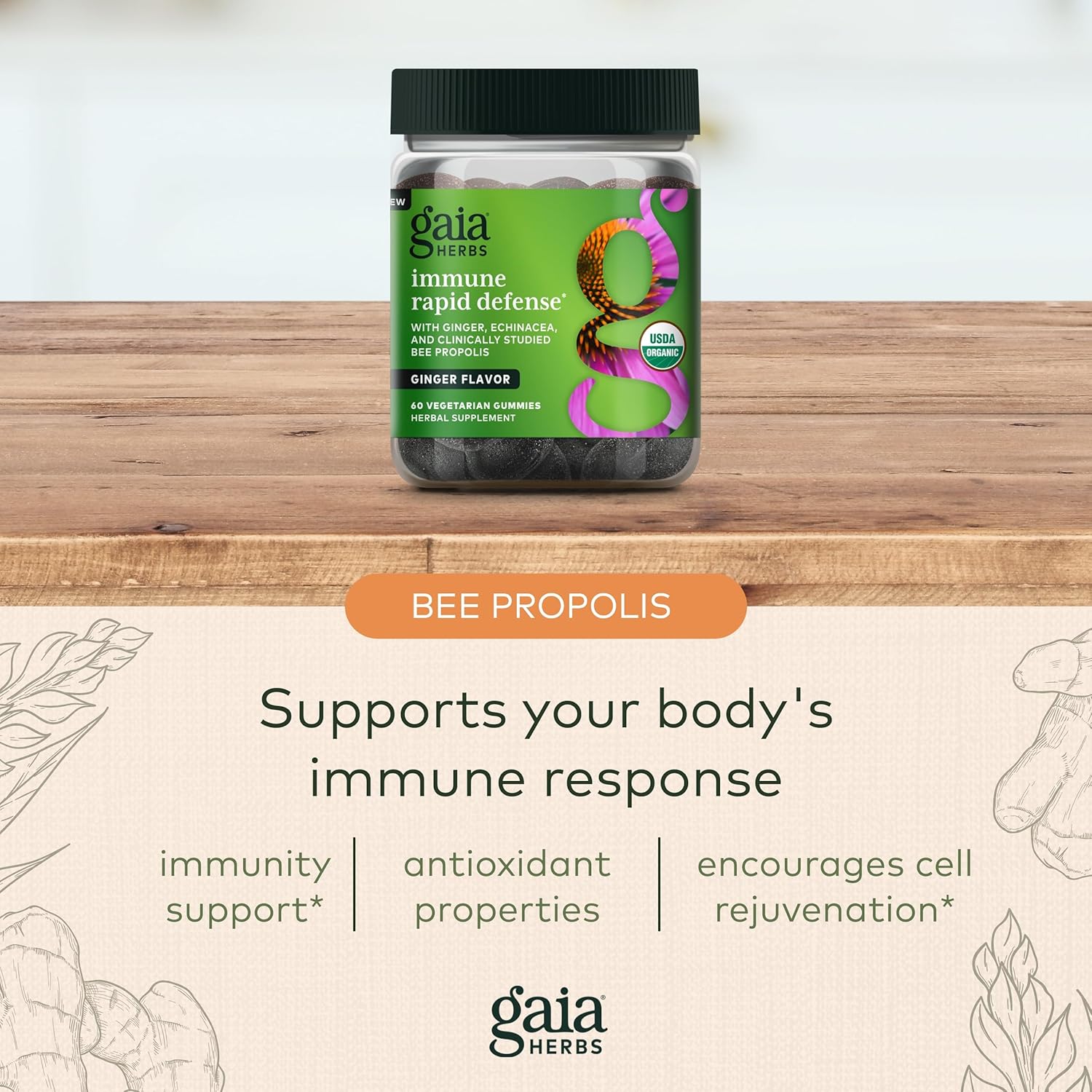 Gaia Herbs Organic Immune Rapid Defense Gummies - Supports Immunity - with Propolis, Ginger, and Echinacea - 60 Vegan Gummies (30-Day Supply) : Health & Household