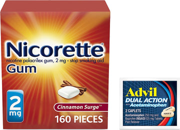 Nicorette 2 mg Nicotine Gum to Help Quit Smoking - Cinnamon Flavored Stop Smoking Aid, 1-Pack, 160 Count, Plus Advil Dual Action Coated Caplets with Acetaminophen, 2 Count