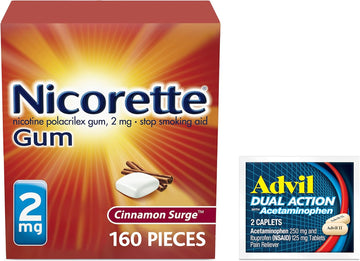 Nicorette 2 Mg Nicotine Gum To Help Quit Smoking - Cinnamon Flavored Stop Smoking Aid, 160 Count (Pack Of 1), Plus Advil Dual Action Coated Caplets With Acetaminophen, 2 Count